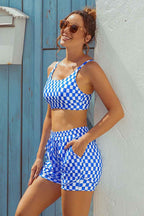 Blue & White Square Lattice Square Neck Wide Straps Sporty Bikini Top And High-Waist Boy Shorts