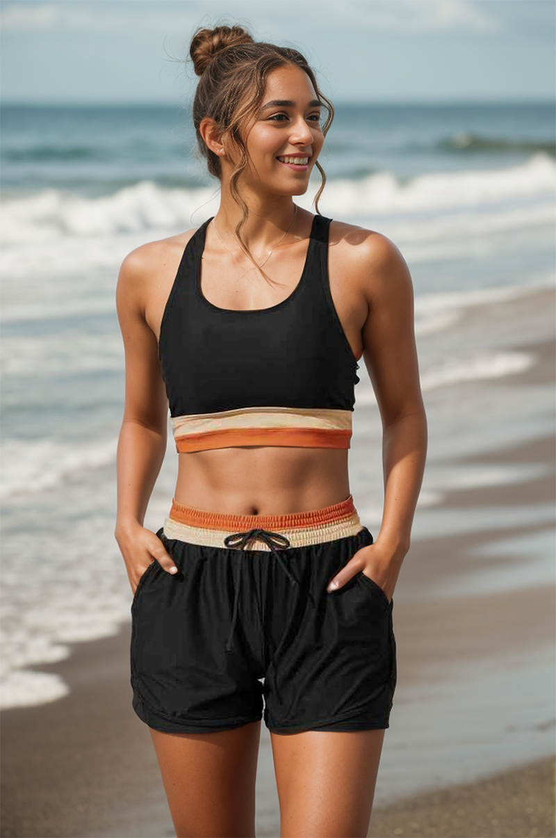 Black U Neck Striped Cross Over Sporty Bikini Top And High-Waist Boy Shorts
