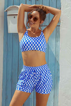 Blue & White Square Lattice Square Neck Wide Straps Sporty Bikini Top And High-Waist Boy Shorts