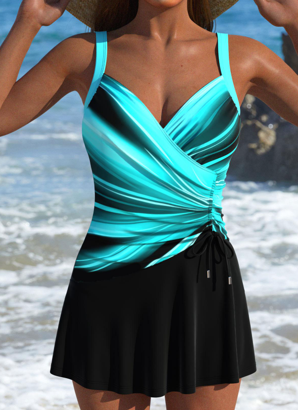 Drawstring Cyan Ombre One Piece Swimdress Main image