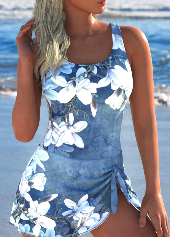 Tie Denim Blue Floral Print One Piece Swimdress Main image