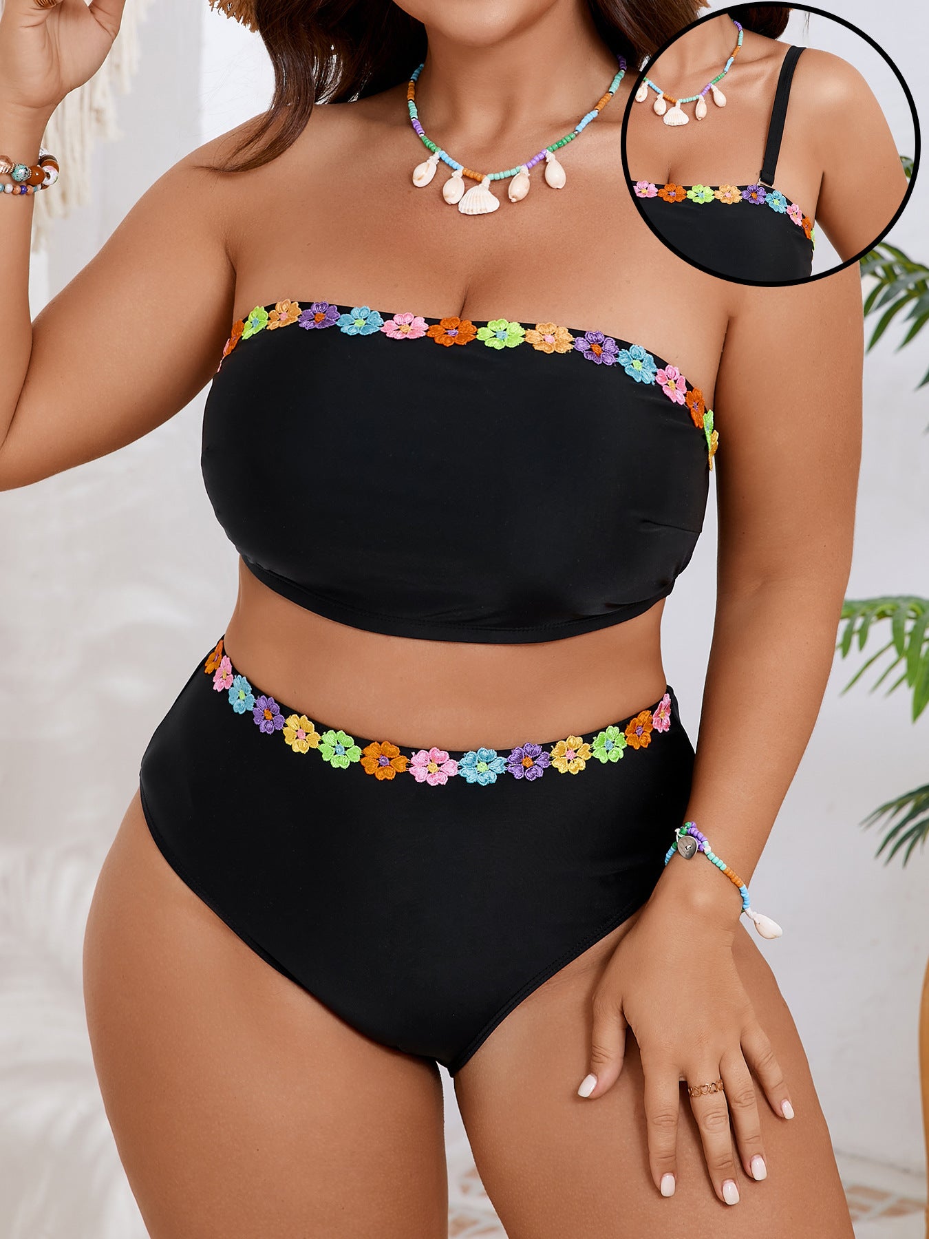Floral Trim Bandeau Plus Size Bikini Set - main-04