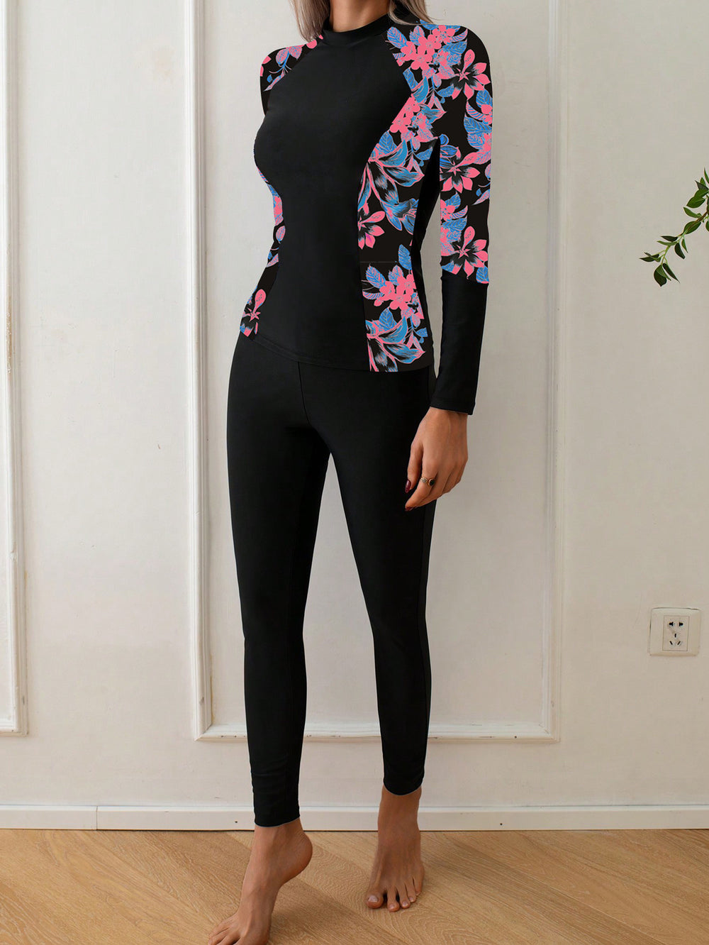 Floral Panel Long-Sleeve Rash Guard Swimsuit - main-05
