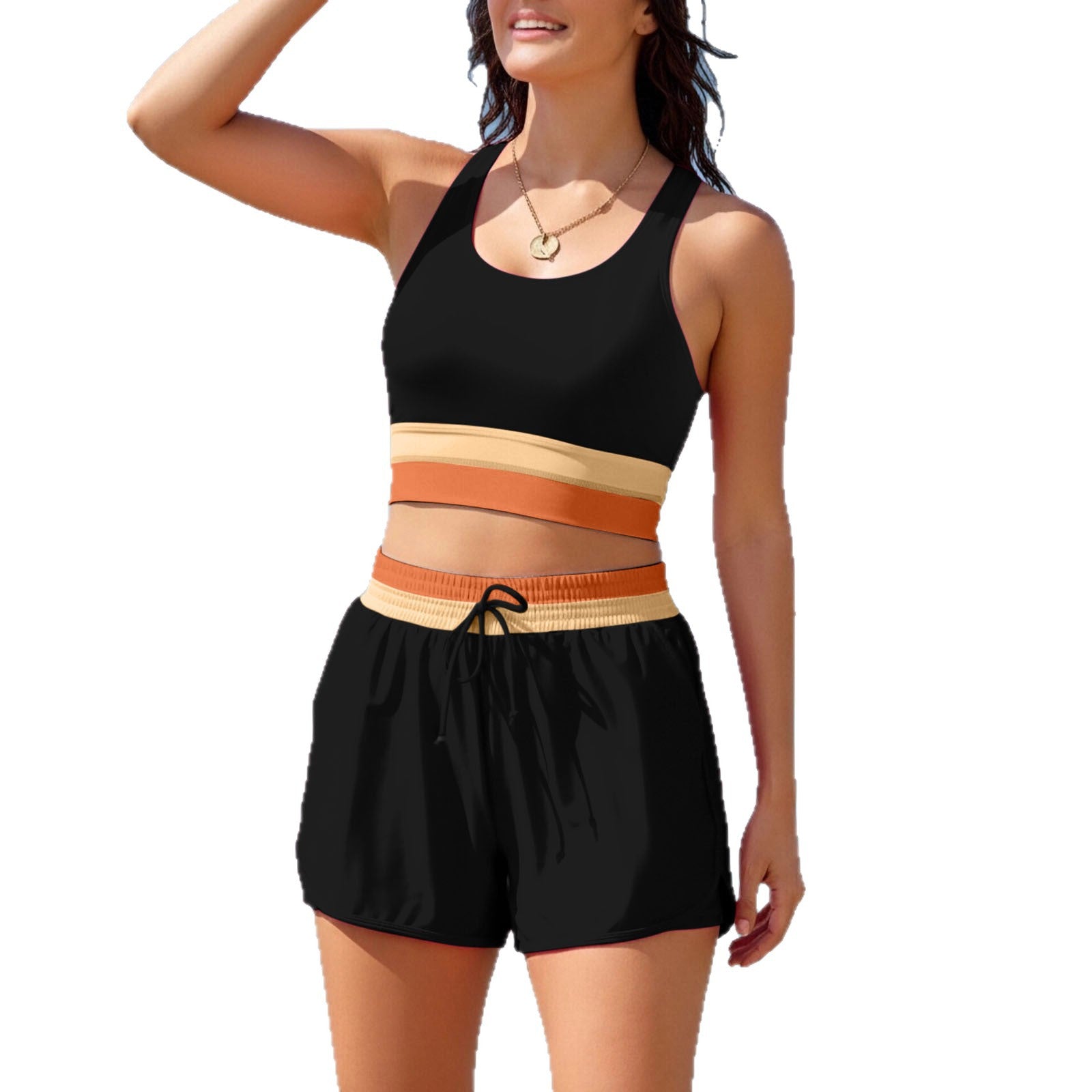 Color Block Crop Tankini and High Waisted Boyshort Set - main-05