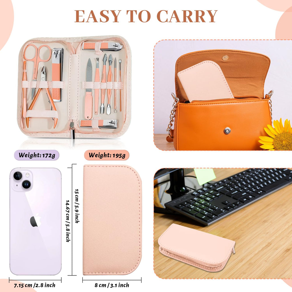Manicure Pedicure Set, 12 Pcs Nail Care Kit for Women, Mens Nail Grooming Kit, Manicure & Pedicure Tools & Accessories, Pink Nail Kit Manicure Set Luxury Leather Case for Home Salon Use